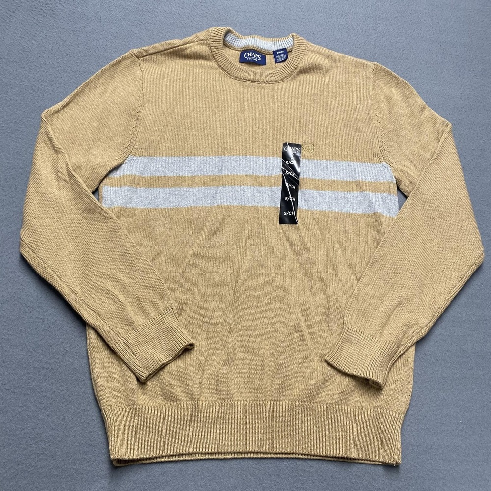 Chaps Sweater Mens Small Beige Gray Stripe Cotton Crewneck Knit Pullover‎ Logo